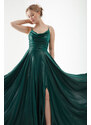 Lafaba Women's Emerald Green Stone Strap Draped Flare Cut Long Evening Dress