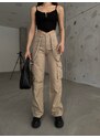 BİKELİFE Women's Beige High Waist Multi-Pocket Strap Detail Straight Fit Cargo Pants