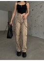 BİKELİFE Women's Beige High Waist Multi-Pocket Strap Detail Straight Fit Cargo Pants