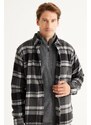 ALTINYILDIZ CLASSICS Men's Black-anthracite Comfort Fit Easy-Cut Collar with Buttons Checkered Flannel Shirt.