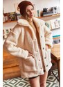 Olalook Women's Ecru Unlined Oversized Plush Jacket with Buttons and Pocket