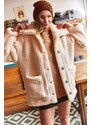 Olalook Women's Ecru Unlined Oversized Plush Jacket with Buttons and Pocket