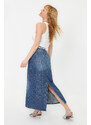 Trendyol Blue Stitching Detailed High Waist Maxi Denim Skirt