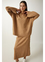 Happiness İstanbul Women Camel Polo Neck Stylish Knitwear Sweater Skirt Suit