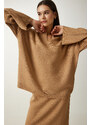 Happiness İstanbul Women Camel Polo Neck Stylish Knitwear Sweater Skirt Suit