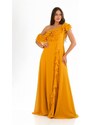 Carmen Saffron Chiffon Off Shoulder Flounce Slit Evening Dress