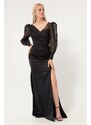 Lafaba Women's Black Double Breasted Collar Glittery Long Satin Evening Dress.