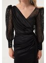 Lafaba Women's Black Double Breasted Collar Glittery Long Satin Evening Dress.
