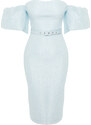 Trendyol Light Blue Belted Lined Textured Woven Self Patterned Elegant Evening Dress