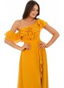 Carmen Saffron Chiffon Off Shoulder Flounce Slit Evening Dress