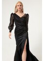 Lafaba Women's Black Double Breasted Collar Glittery Long Satin Evening Dress.