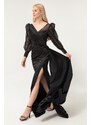 Lafaba Women's Black Double Breasted Collar Glittery Long Satin Evening Dress.