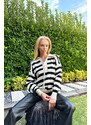 Trend Alaçatı Stili Women's Ecru-Black Polo Neck Striped Laced Oversize Knitwear Sweater