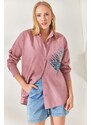 Olalook Dried Rose Palm Sequin Detailed Oversized Woven Poplin Shirt