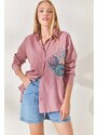 Olalook Dried Rose Palm Sequin Detailed Oversized Woven Poplin Shirt