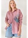 Olalook Dried Rose Palm Sequin Detailed Oversized Woven Poplin Shirt