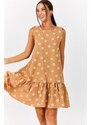 armonika Women's Beige Daisy Pattern Sleeveless Skirt with Frills Dress