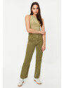 Trendyol Khaki Wash Effect Pocket Detailed High Waist Straight Jeans