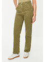 Trendyol Khaki Wash Effect Pocket Detailed High Waist Straight Jeans