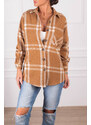 armonika Women's Mink Checked Pattern Oversized Shirt with Pocket and Stamp