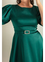 Lafaba Dámské smaragdově zelené balónové rukávy Kámen Pásek Plus Velikost Saténové večerní šaty