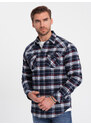 Ombre Men's checkered flannel shirt with pockets - navy blue and red