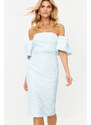 Trendyol Light Blue Belted Lined Textured Woven Self Patterned Elegant Evening Dress