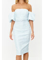 Trendyol Light Blue Belted Lined Textured Woven Self Patterned Elegant Evening Dress