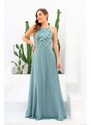 Carmen Sequined Long Evening Dress with Lace Straps.