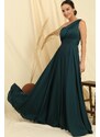 By Saygı One-Shoulder Crepe Satin Dress with Draping and Linen, Wide Body space