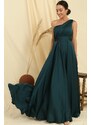 By Saygı One-Shoulder Crepe Satin Dress with Draping and Linen, Wide Body space