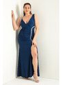 Lafaba Women's Navy Blue Stone Strap Plus Size Long Evening Dress