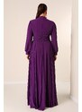 By Saygı Beaded Embroidered Lined Plus Size Long Chiffon Dress with Flounce on the Front