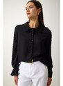 Happiness İstanbul Women's Black Gathered Sleeve Detailed Woven Shirt