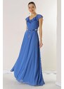 By Saygı Flounce Collar Waist Belt Lined Long Chiffon Dress