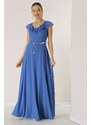 By Saygı Flounce Collar Waist Belt Lined Long Chiffon Dress