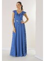 By Saygı Flounce Collar Waist Belt Lined Long Chiffon Dress