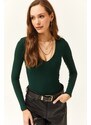 Olalook Women's Emerald Green Deep V-Neck Waistband Six Studs Lycra Bodysuit