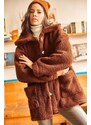 Olalook Women's Bitter Brown Buttons Unlined Oversized Plush Jacket with Pocket