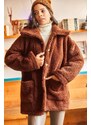 Olalook Women's Bitter Brown Buttons Unlined Oversized Plush Jacket with Pocket