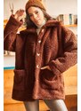 Olalook Women's Bitter Brown Buttons Unlined Oversized Plush Jacket with Pocket