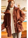 Olalook Women's Bitter Brown Buttons Unlined Oversized Plush Jacket with Pocket