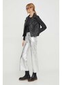Kožené kalhoty Pepe Jeans dámské, stříbrná barva, jednoduché, high waist