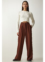 Happiness İstanbul Women's Brown Pleated Palazzo Trousers