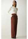 Happiness İstanbul Women's Brown Pleated Palazzo Trousers