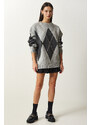 Happiness İstanbul Women's Light Gray Premium Diamond Patterned Oversize Knitwear Sweater