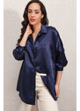 Bigdart 3985 Oversized Satin Shirt - Navy Blue