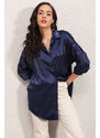 Bigdart 3985 Oversized Satin Shirt - Navy Blue