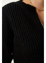 Happiness İstanbul Women's Black Zippered Ribbed Crop Knitwear Cardigan