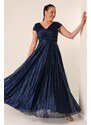 By Saygı V-Neck Waist and Front Draped Lined Pleated Glitter Long Crepe Dress